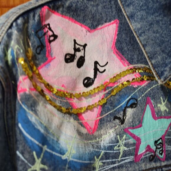 Vintage 80s Sport Deco Hand Painted Hollywood Denim Jacket Sequins Medium - Picture 13 of 16